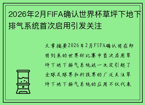 2026年2月FIFA确认世界杯草坪下地下排气系统首次启用引发关注